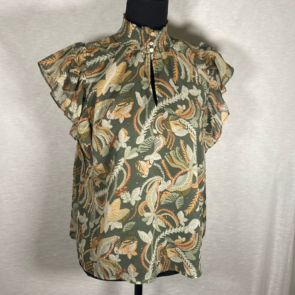 Joie Floral Blouse Women’s Medium Green Peach Smocked‎ High Neck Flutter Sleeves